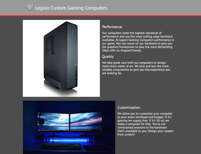 Legion Custom Gaming Computers site screenshot